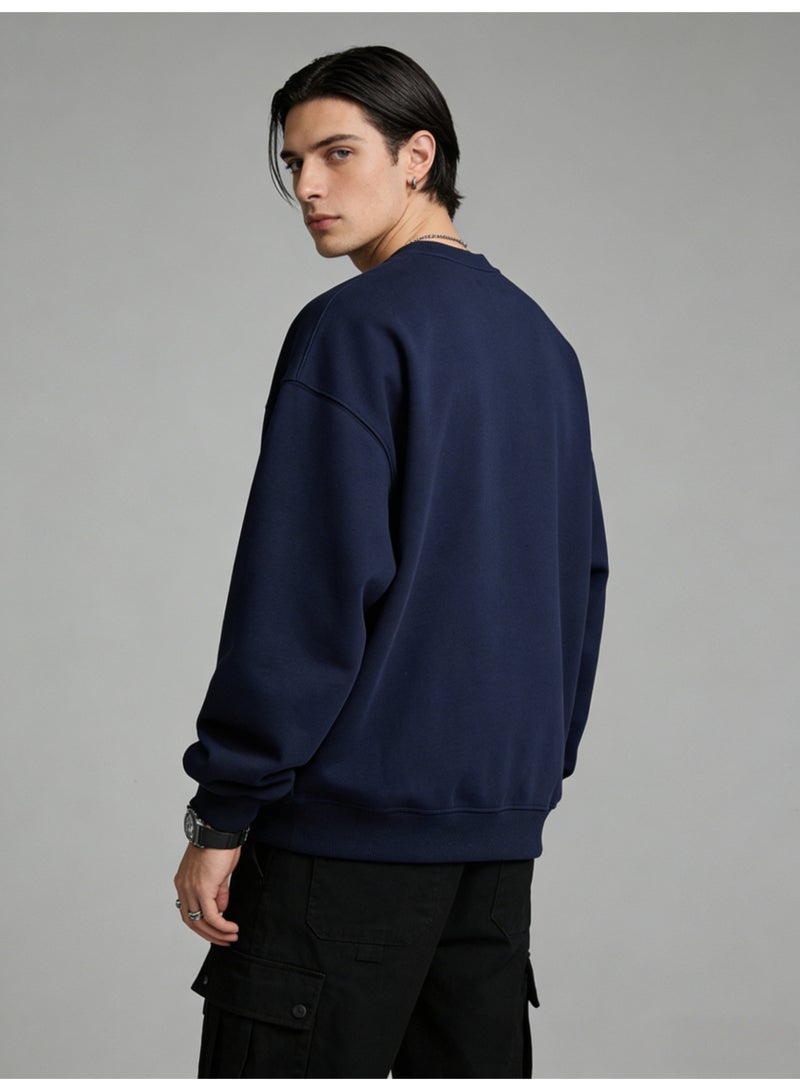 بيإم إنس BM INS Navy Blue "FREE YOUR MIND" Deconstructed Letter Oversized Crew Neck Sweatshirt | Unisex Streetwear Pullover With Slogan Print - Image 3